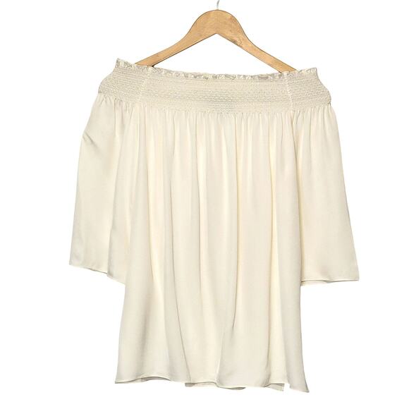 Theory Silk Off The Shoulder Smocked 3/4 Sleeve White Ivory Blouse Size M - Picture 6 of 13